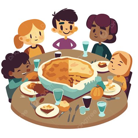 Friendsgiving Potluck Vector Sticker Clipart Group Of Kids Eating Pie