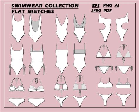Swimsuits Set Bundle Vector Bikini Fashion Flat Sketch For Adobe Illustrator Technical Drawing