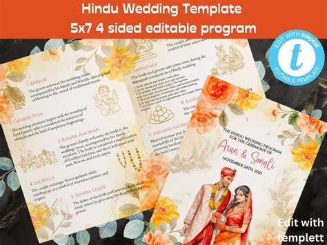 The Hindu Wedding Program Is On Display In Front Of An Orange And Yellow Floral Background