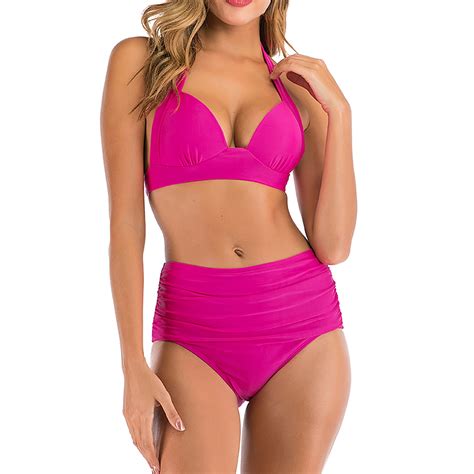Puntoco Womens Swimsuits Clearance New Split Swimsuit Casual Solid Swimsuit Bikini Hot Pink