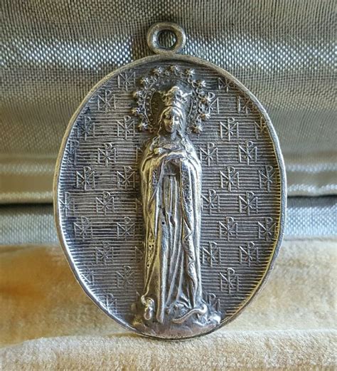 Large Antique French Blessed Virgin - Virgin Mary Pendant Medal Medallion Jewelry Labarum ...