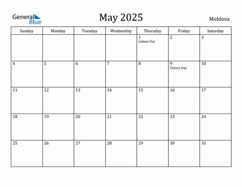 May 2025 Monthly Calendar with Moldova Holidays
