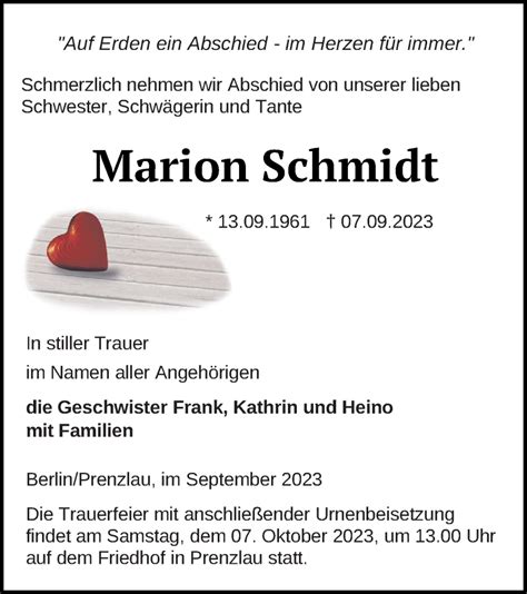 Traueranzeigen Von Marion Schmidt Trauer Nordkurier