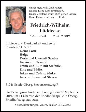 Traueranzeigen von Friedrich Wilhelm Lüddecke trauer anzeigen de