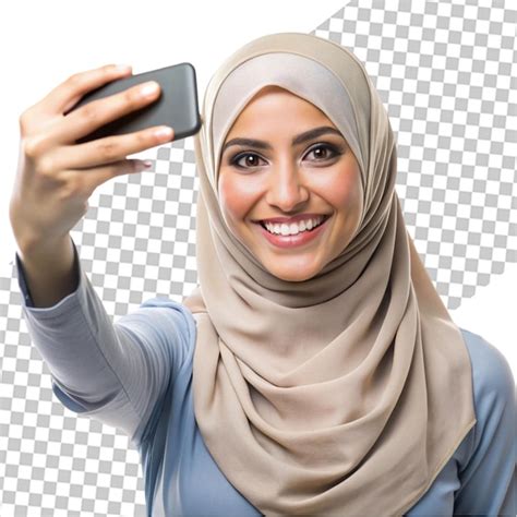 Smiling Woman In Hijab Holding A Cell Phone On Isolated Transparent