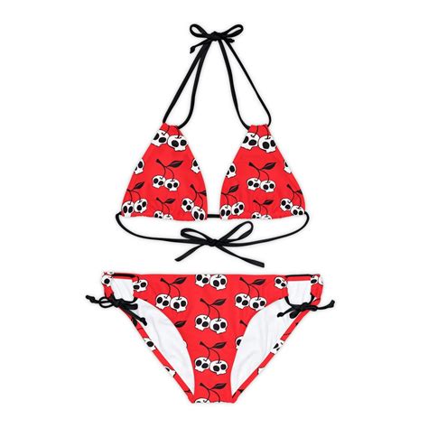 Cherry Skulls Red Strappy Bikini Set Piece Swimsuit Top Bottom With Cherries Skull Print Etsy