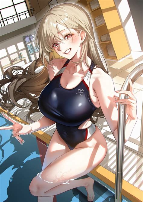 Sino42 Original Commentary Request Highres 1girl Black One Piece Swimsuit Blonde Hair