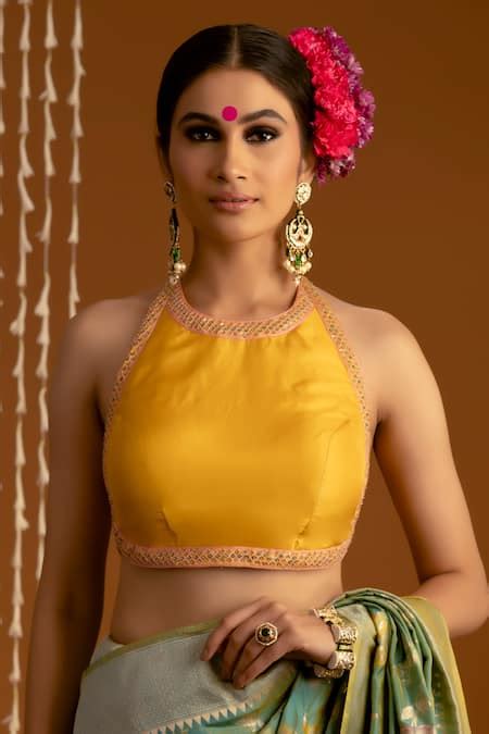 Buy Yellow Pure Silk Embroidered Thread And Sequin Work Halter Neck