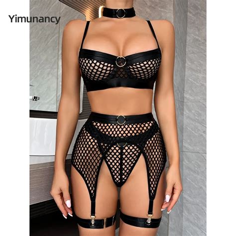 Yimunancy Mesh Patchwork Lingerie Set Womoen Sexy Bra Thong Underwear Set Sheer Erotic Garter