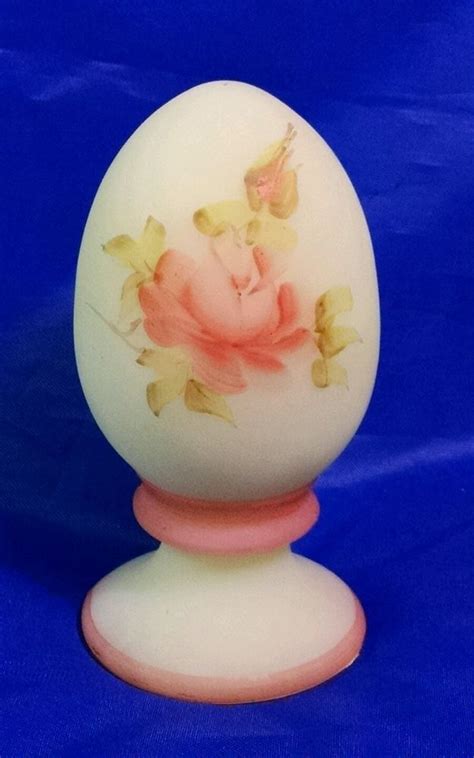 Vintage Fenton Art Glass Burmese Egg Frosted Hand Painted Rose Artist Signed Glass Art Egg