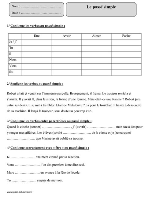 Passé Simple Cm1 Exercices Corrigés Conjugaison Cycle 3 Pass Education