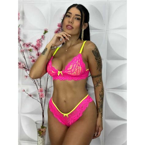 Conjunto De Lingerie Calcinha e Sutiã Sem Bojo De Renda Sexy Neón Bicolor Shopee Brasil