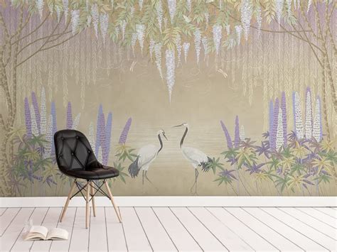 Фотообои Журавли в саду с глициниями на стену. Купить фотообои Журавли ...