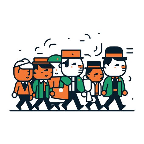 Vector Illustration Of Workers Walking In A Line Line Art Design