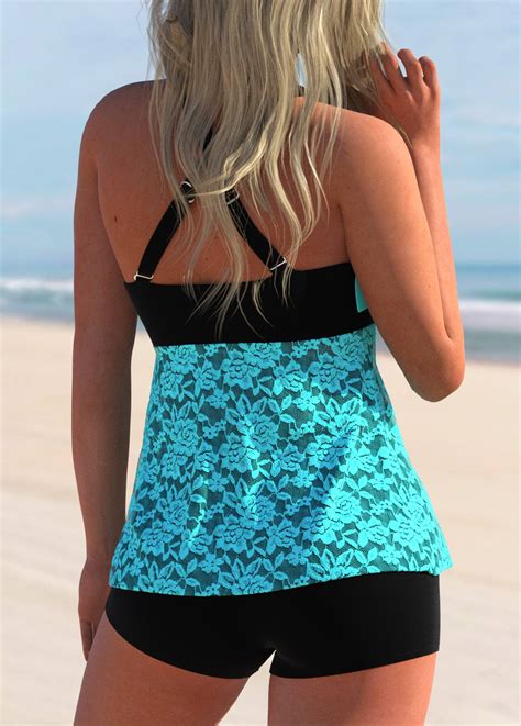 Lace Stitching Layered Hem Cyan Tankini Top Usd 42 98