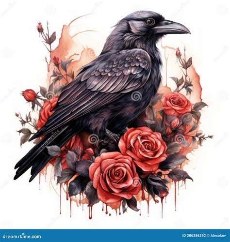 Mysterious Watercolor Gothic Raven With Red Roses Ai Generated Stock