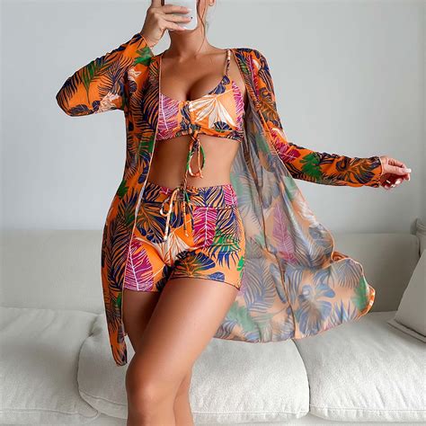 Levmjia Women Bikini Set Swimsuit Cover Ups Printed Straps Deep V Sexy