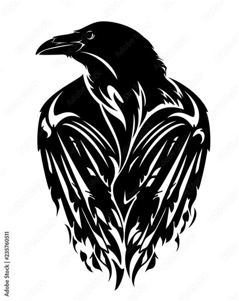 raven bird with closed wings - black and white vector outline Stock ...