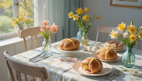 Easter Table Setting With Hot Cross Buns And Spring Flowers Stock