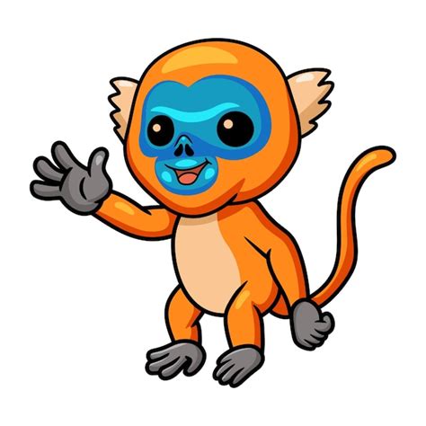 Mignon Petit Dessin Animé De Singe Doré Agitant La Main Vecteur Premium