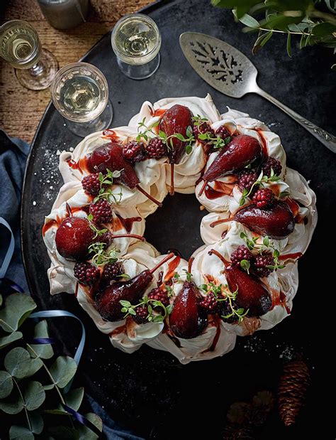 Red Wine Pear Pavlova Wreath Recipe Sainsbury`s Magazine Recipe