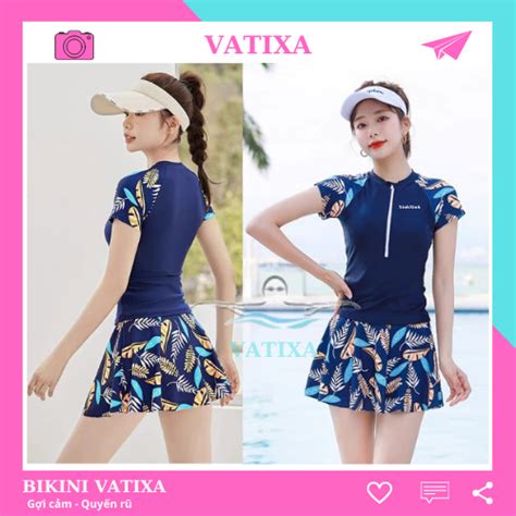 M L XL Bikini đồ bơi nữ đi biển 2 mảnh dáng váy duyên dáng quần short trong váy xanh than phối
