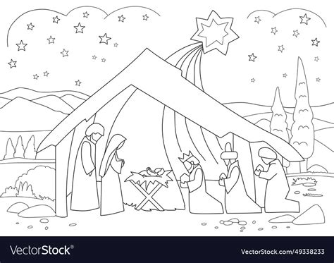 Nativity coloring book page Royalty Free Vector Image