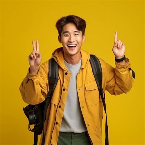 Premium Ai Image Handsome Asian Man Smiling Happily On Yellow Banner