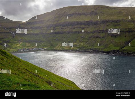 View Of Fjord And Village Of Tjornuvik Streymoy Faroe Islands Stock