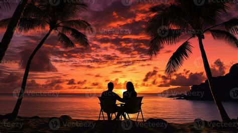 Romantic couple on a beach under palm trees during sunset. silhouette ...