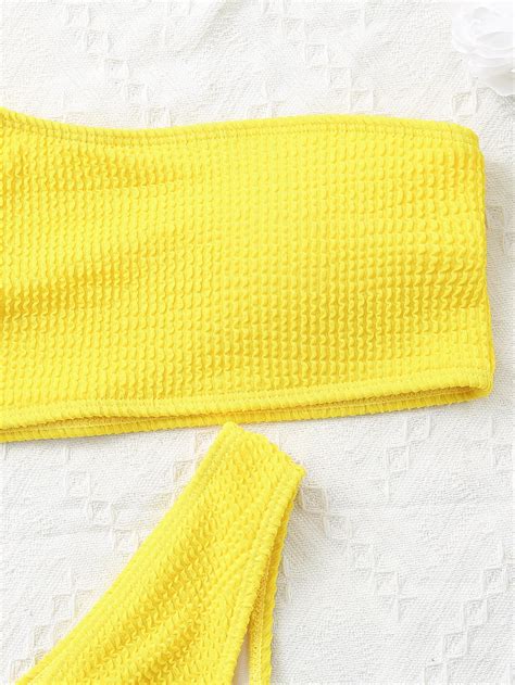 One Shoulder Bikini Textured Swimwear High Cut Swimsuit Solid Bathing Suit Women Brazilian Tk