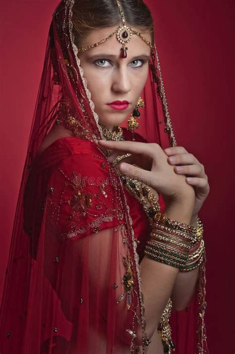 Beautiful Caucasian Woman Dressed in Indian Bridal Sari Along with ...