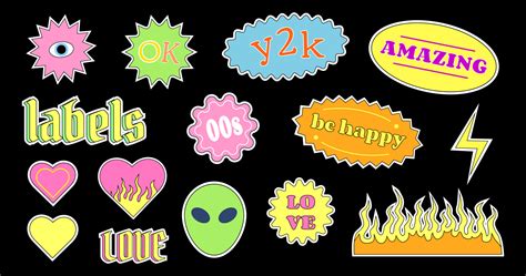 Set of Y2K bright cheerful vector stickers and labels on a black ...