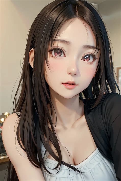 長い髪と黒いトップスを着た女性が写真を撮るためにポーズをとっている Seaart Ai