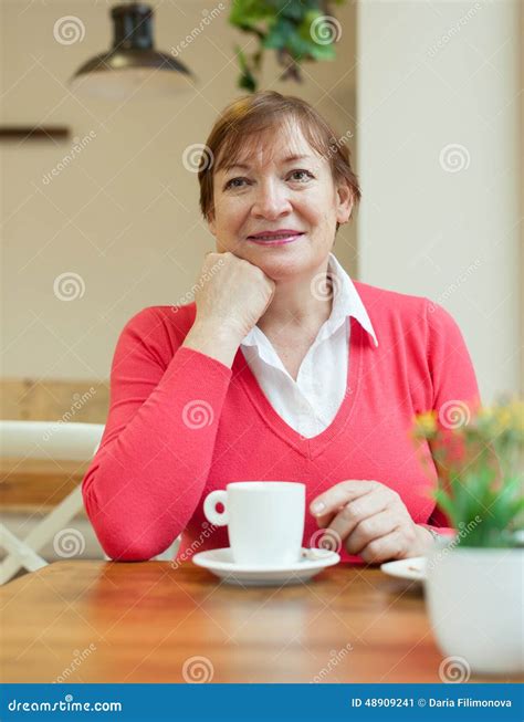 Mature Woman In Cafe Stock Image Image Of Casual Wine