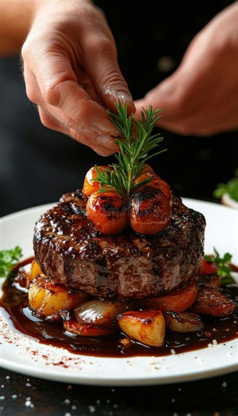 Chef Plating Gourmet Steak Dinner With Roasted Vegetables Fine Dining