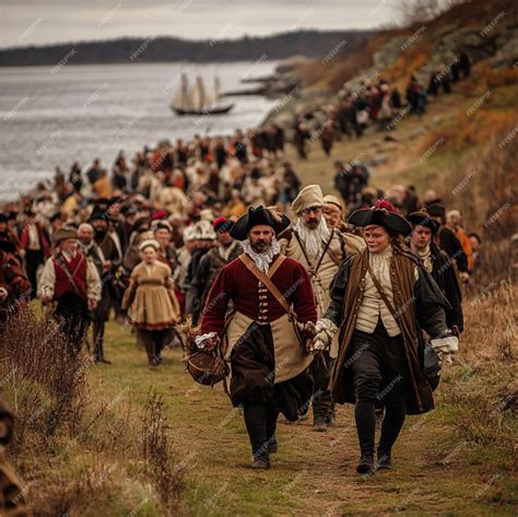 A reenactment of the Pilgrims landing at Plymouth including detailed