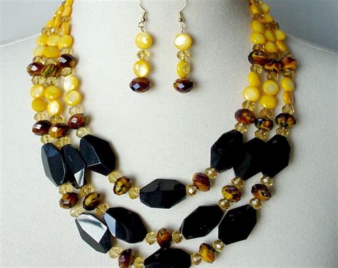 Statement Necklace Set Yellow Black Multistrand Chunky Necklace Large Bead Necklace Artisan