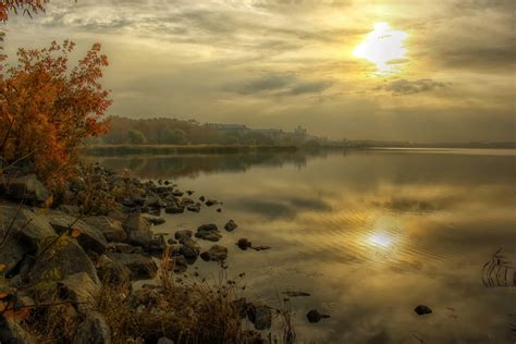 Lake, Sunrises and sunsets, Stones, Sky, Scenery, Clouds, HD Wallpaper