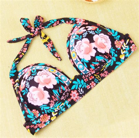 Fashion Floral Print Bottom Black Halter High Waist Two Piece Bikini On Luulla