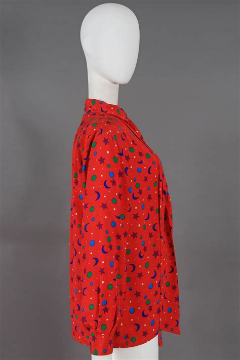 Yves Saint Laurent Silk Star And Moon Print Pussy Bow Blouse Circa At Stdibs