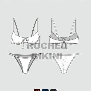 Ruched Bikini Set Fashion Technical Flat Sketch Cad Etsy