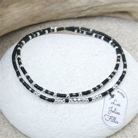 Bracelet Double Tour Argent Lastique Adorable Et Discr Te Noir