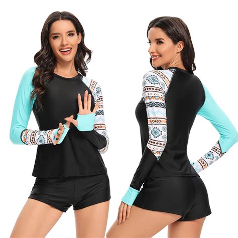 Women Rash Guard Long Sleeve Swimsuits Uv Upf 50 Two Piece Swim Shirt Bathing Suit With Built