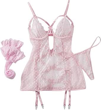 Soly Hux Women S Lingerie Set Lace Mesh Hollow Out Babydoll Cami Dress Fishnet Stocking With