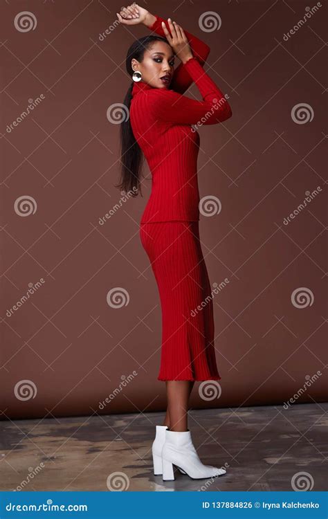 Brunette Hair Woman Beautiful Face Skinny Body Shape Tan Skin Care Wear Fashion Dress Red Color
