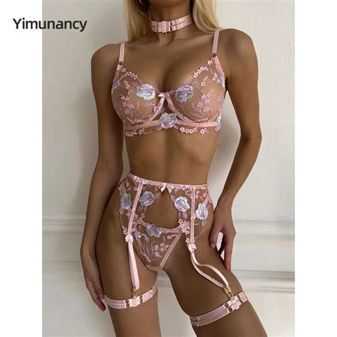 Yimunancy Floral Emrboidery Lingerie Set Women Piece Sexy Erotic Sheer Bra Panty Underwear Set