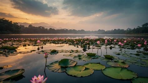 Premium Photo A Lake With Pink Water Lilies And Mountains In The