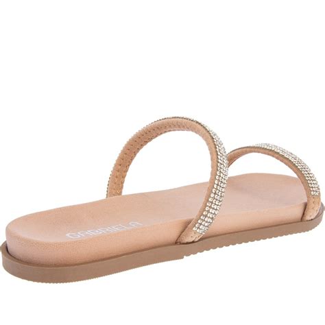 Rasteira Gabriela Flat Tiras Strass Camurça Nude Bege