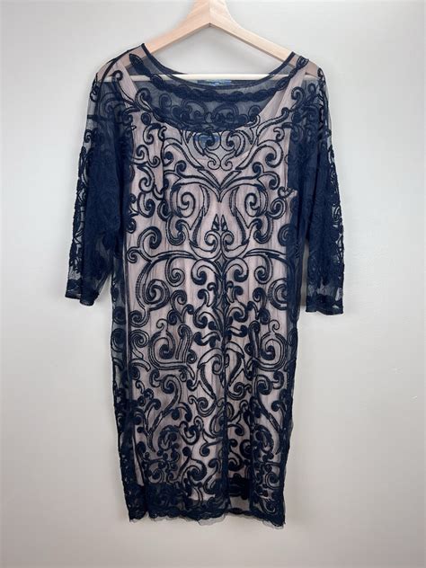 CATHERINE MALANDRINO Dress Sz M Black Lace Nude Linin Gem